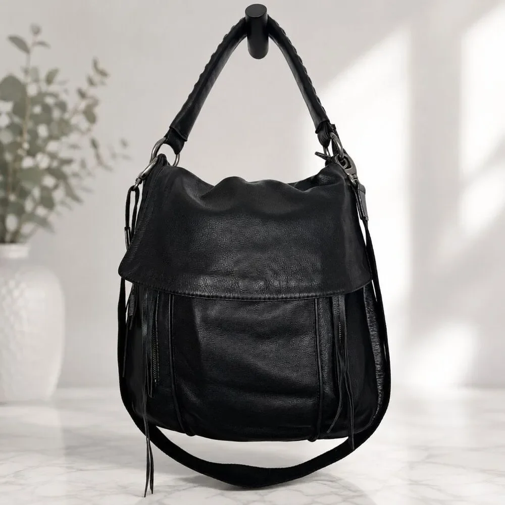 Christopher Kon Black Leather Hobo Crossbody Bag Braided Strap Fringe Tassels